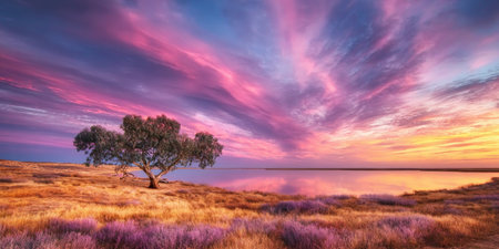 Breathtaking Majestic Sunset Over Tranquil Lake, Vibrant Colors of Pink and Purple Reflecting Skyの素材