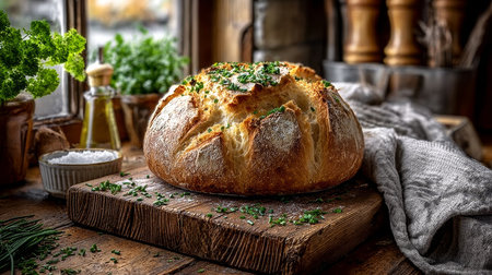 Country-style oven baked sourdough loaf on a rustic butcher block with artisan bakery settingの素材
