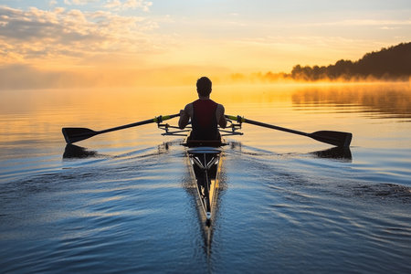 Silhouette of a Rower Gliding Peacefully Across a Serene Lake at Sunrise, Reflecting Calmnessの素材