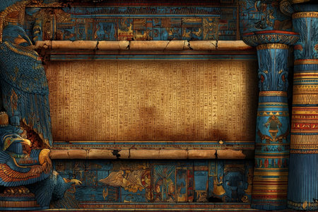 Ancient Egyptian Papyrus Frame with Hieroglyphs, Symbols, and Drawings Evoking Historical Mysteriesの素材