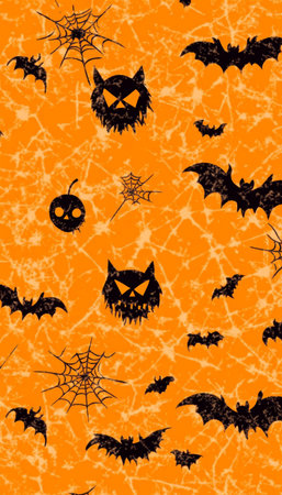 Spooky Halloween Seamless Vector Pattern Featuring Black Cats, Pumpkins, Bats, and Spiderwebsの素材