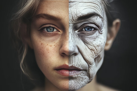 Aging Female Portrait Half Young Half Old Face, Showcasing Beauty Standards and Aging Effectsの素材
