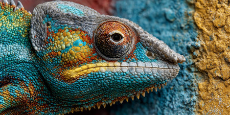 Close-Up of a Colorful Chameleon Blending into Its Environment with Intricate Scale Patternsの素材