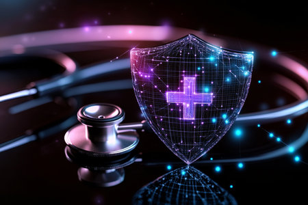 Cybersecurity Shield with Stethoscope Protecting Patients Health from Fraud and Data Breachesの素材