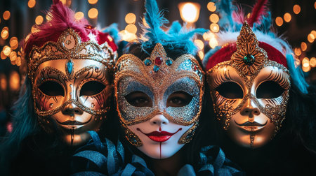 Exquisite Carnival Masks in Glorious Gold, Illuminated for a Vibrant Celebration of Elegance and Artの素材