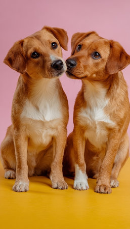 Two Playful Puppies Snuggling Together on a Bright Yellow Surface with a Soft Pink Backgroundの素材