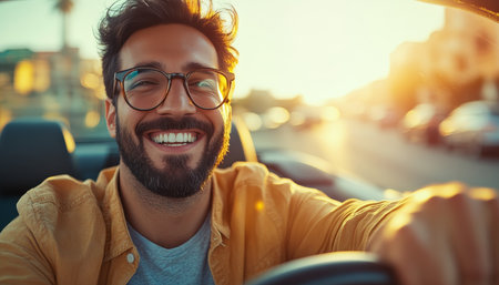 Businessman Driving a Convertible Car on a Sunny Day, Embracing Freedom and Joyful Adventuresの素材