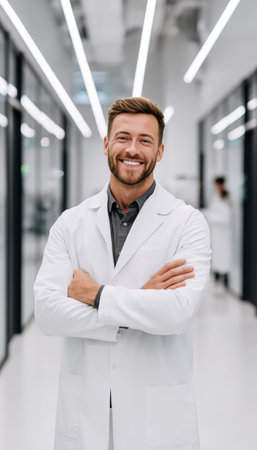 Cheerful Caucasian Doctor in Modern Hospital Hallway, Embodying Care, Trust, and Reliabilityの素材