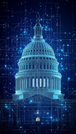 U.S. Capitol Building with a Futuristic Blue Digital Outline and Network Design in Capital Cityの素材