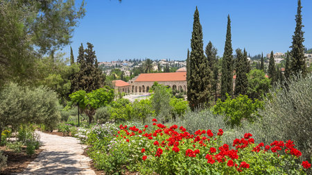 Stunning View of the Benedictine Abbey Church Surrounded by Lush Gardens in Jerusalem, Israelの素材