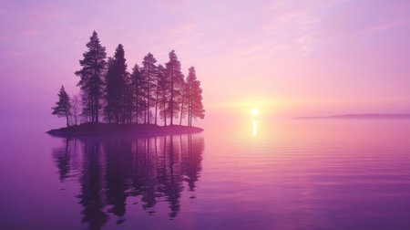 Serene Reflection of Majestic Trees on a Dreamy Lake at Dusk in Beautiful Finland Landscapeの素材