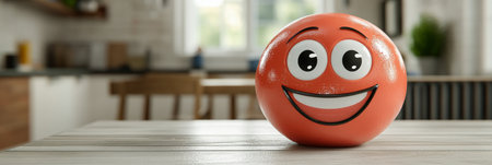 Joyful Smiling Sphere on Colorful Striped Tabletop, Celebrating Happiness and Fun in Home Decorの素材