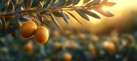 Close Up View of Olive Pairs Hanging from Branches in Natural Light During Golden Hour Scenic Moodの素材