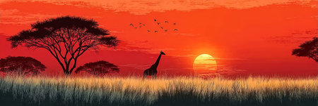 Beautiful Silhouette of a Landscape Featuring a Giraffe Grazing Under a Vibrant African Sunsetの素材