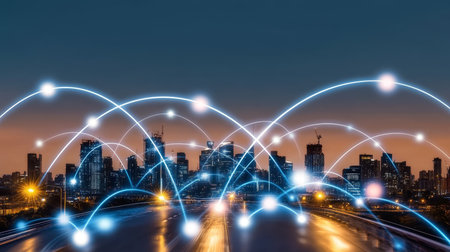 Vibrant Night Scene in a Metropolis with Abstract Cityscapes and Global Connectivity Solutionsの素材