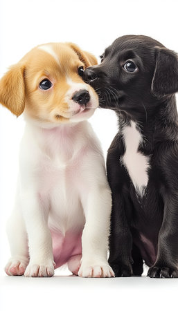 Adorable Moment of Two Playful Puppies Snuggling Together in a Bright White Background, Full of Loveの素材