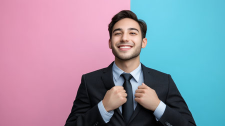 Smiling young professional in stylish suit, embodying positivity and success for profile pictureの素材