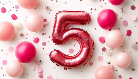 Festive Celebration with Pink and Light Red Balloons Surrounding a Large Number 5 for Birthday Cardsの素材