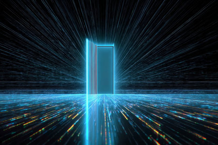 Futuristic Glitch Background Featuring an Open Door Portal with Blue Neon Lines and Abstract Artの素材