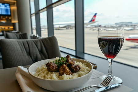Luxurious Airport Lounge Experience Featuring Gourmet Cuisine and Fine Red Wine Near Departure Gatesの素材