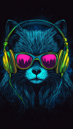 Vibrant Fox DJ Mascot at a Neon Party, Sporting Headphones and Radiating Energy for Modern Mediaの素材
