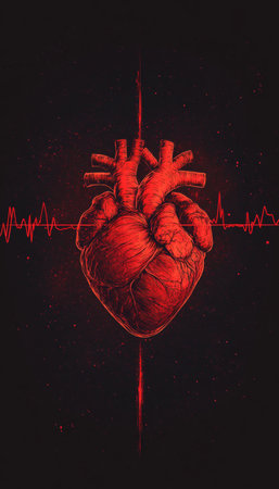 Detailed Illustration of a Human Heart in Red, Set Against a Black Background with Heartbeat Traceの素材