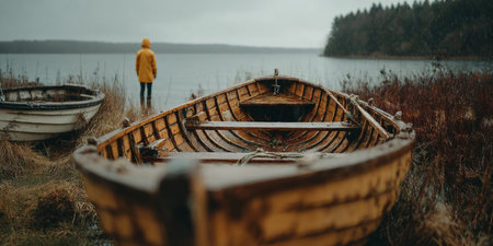 Autumn Serenity by the Lake A Solitary Figure and Weathered Boats on the Shore at Duskの素材