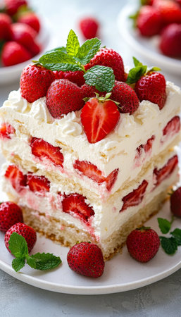 Delightful Slice of Strawberry Shortcake Dessert with Whipped Cream and Fresh Strawberries on Topの素材