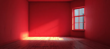 An Inspiring Minimalist Interior Featuring Red Painted Walls and Wooden Floor in an Empty Roomの素材