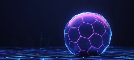 Futuristic Technological Sphere Structure Featuring Glowing Hexagonal Patterns on a Blue Backgroundの素材