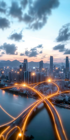 Futuristic Cityscape with Advanced Connectivity and Twilight Illumination Showcasing Global Networksの素材