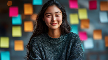 Confident Young Asian Woman in Gray Sweater with Sticky Notes Brainstorming Ideas at Office Boardの素材