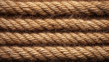 Closeup of Natural Unrefined Jute Fiber Rope Creating a Stylish Organic Texture for Various Usesの素材