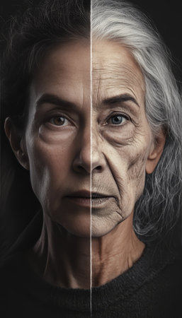 Aging Through Time A Woman s Face Showcasing a Beautiful Transition from Youth to Maturityの素材