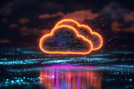 Futuristic Cloud Computing Concept in a Cyberpunk City with Advanced Nodes and Bright Highlightsの素材