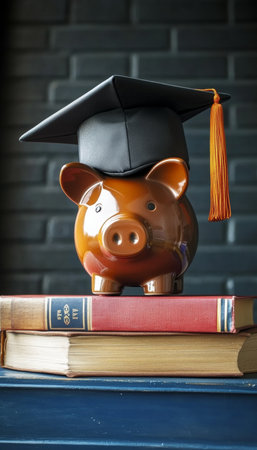 Investing in Education Graduation Cap, Piggy Bank, and Books as Symbols of Financial Successの素材