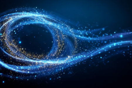 Abstract Blue Glitter Wave Spirals with Dynamic Motion Effect and Energy Particle Explosion Patternの素材