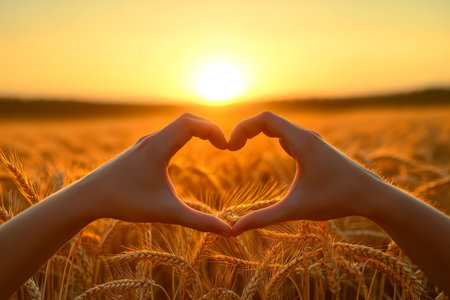 Hands Forming a Heart Shape in a Golden Wheat Field at Sunset, Symbolizing Love and Connectionの素材