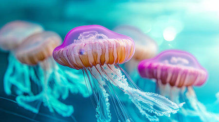 Translucent Jellyfish Swimming Gracefully in Ocean Waters, Showcasing the Beauty of Underwater Lifeの素材