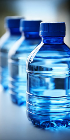 Refreshing Hydration A Close-Up of Stacked, Vibrant Blue Plastic Water Bottles for Quenching Thirstの素材