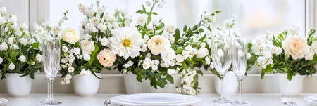 Elegant White Floral Centerpiece Setting for Romantic Anniversary Occasion or Fine Family Dinnerの素材