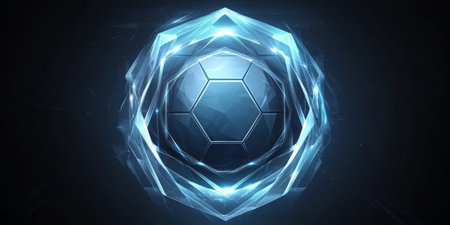 Futuristic geometric hexagon shield design with bright blue light and advanced technology conceptの素材