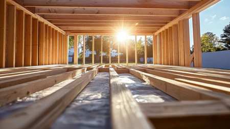 Wooden Structure Framework for New Home Construction Site Featuring Lumber Beams and Floor Layoutの素材