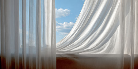 Calm and Peaceful Atmosphere Delicate White Curtain Flowing Gracefully in Sunlit Airy Roomの素材