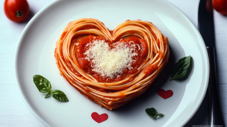 Romantic Heart-Shaped Pasta with Tomato Sauce and Parmesan Cheese for a Perfect Valentine s Dayの素材