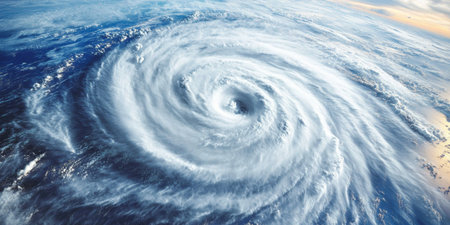 Stunning Aerial View of a Massive Hurricane Swirling Over the Ocean, Captured for Climate Researchの素材
