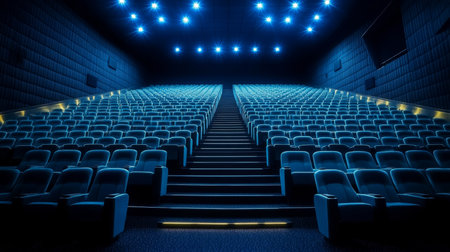 Tranquil Atmosphere of an Empty Cinema Auditorium with Rows of Seats and Soft Lighting Effectsの素材