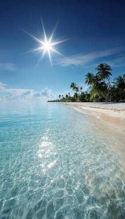 Tropical Paradise With Turquoise Waters, White Sandy Beaches, and Lush Palm Trees Under Clear Skiesの素材