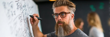 Businessman Collaborating with Team, Drawing Solution Schemes on Whiteboard in Modern Office Spaceの素材