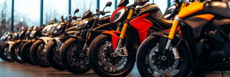 Diverse Collection of Motorcycles on Display in a Modern Showroom for Enthusiasts and Buyersの素材